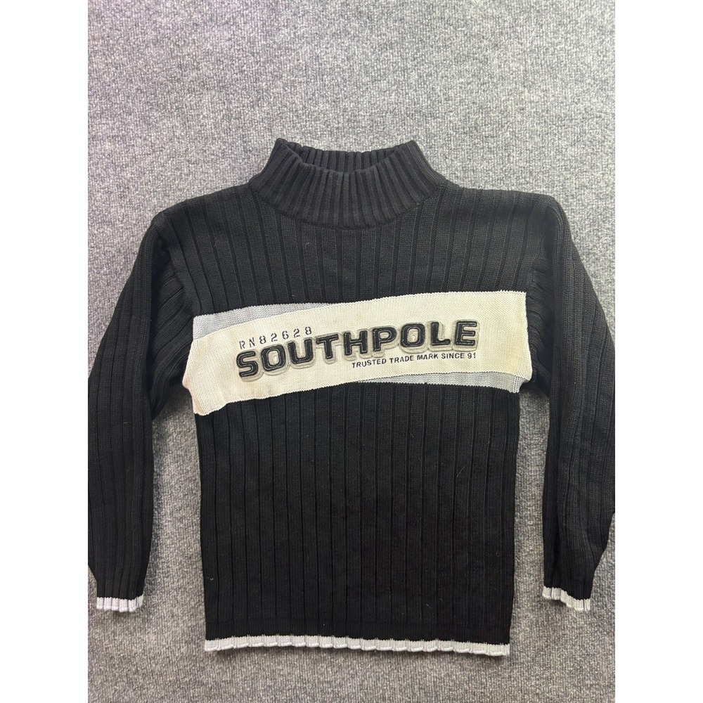Vintage Y2K Southpole Ribbed Mock Neck Sweater Mens L Black Logo Stripe